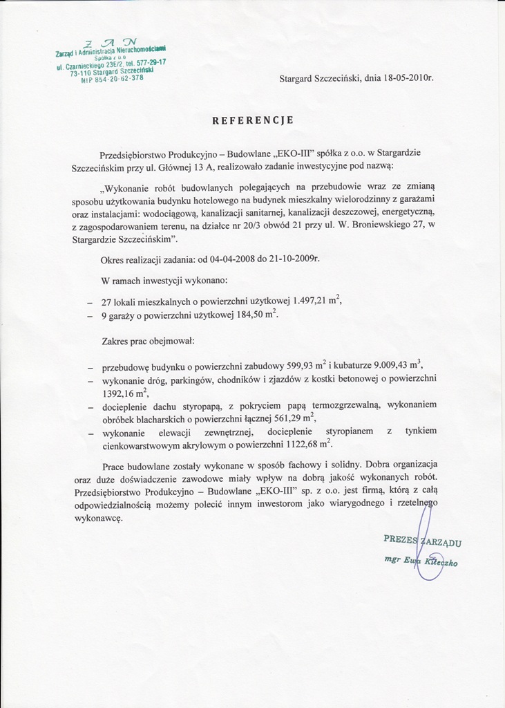 Dokument z referencją od 'ZAN' Zarząd i Administracja Nieruchomościami sp. z o. o.